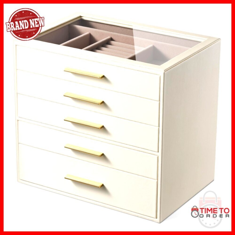 5-Layer Jewelry Organizer with Glass Window, Velvet Lined Drawers, Waterproof